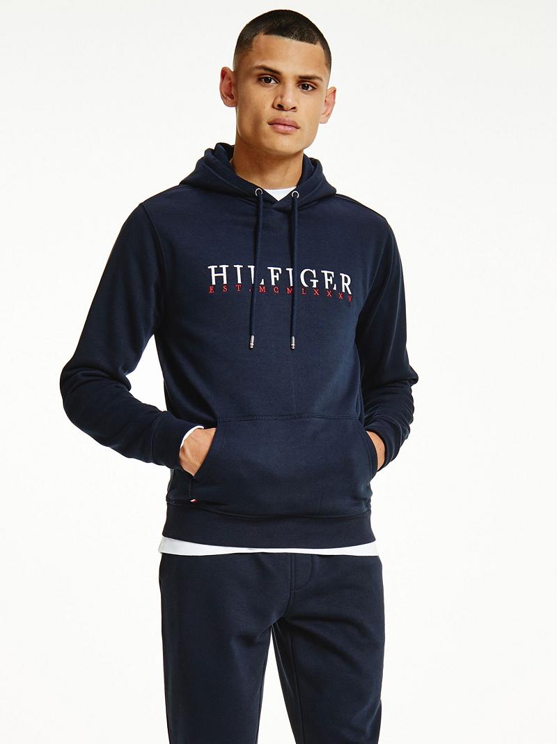 Férfi Tommy Hilfiger Organic Pamut Logo Hoodies Sötétkék | HU 1237BEX